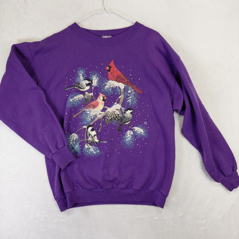 Vintage Cotton‎ Grove Purple Bird Sweatshirt Cardinal Chickadee Winter USA Large